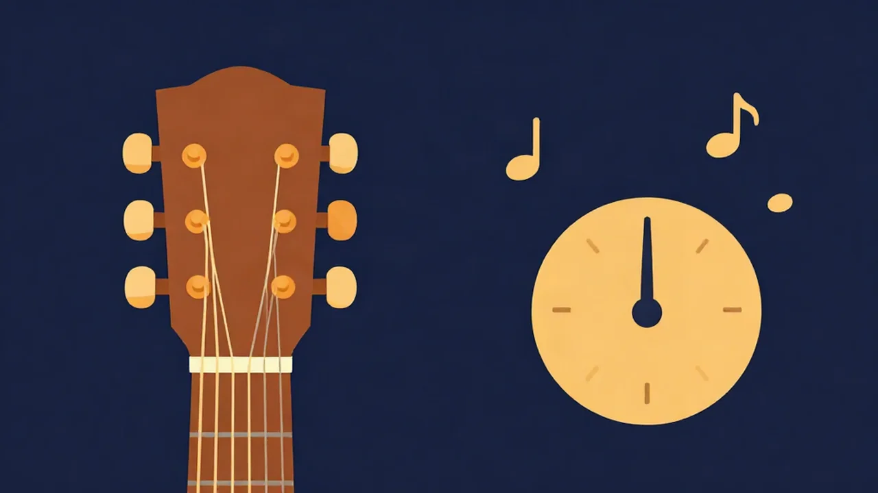 Guitar headstock with six tuning pegs beside a tuner dial with its needle centred, illustrating alternate guitar tunings with an online tuner