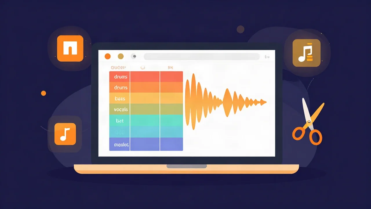 Flat illustration of free browser audio tools for music producers: stem separation, BPM and key detection, sample editing and mastering
