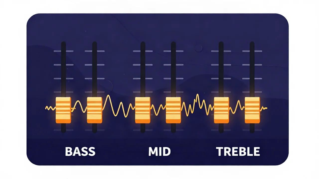 Audio equalizer panel with bass, mid, and treble fader groups over a waveform