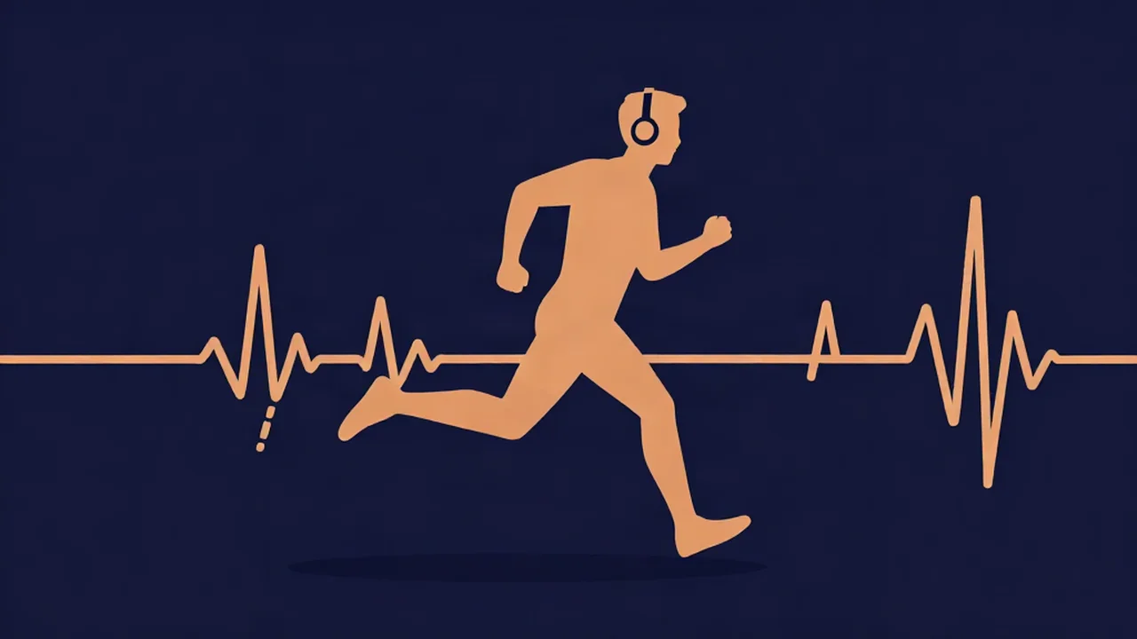 A runner with headphones striding along an amber beat line, illustrating using a BPM finder to match workout music to running cadence