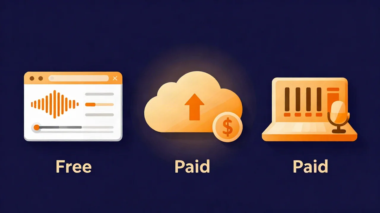 Free vs paid audio mastering compared across three columns — free browser DSP, paid AI service, and a human engineer