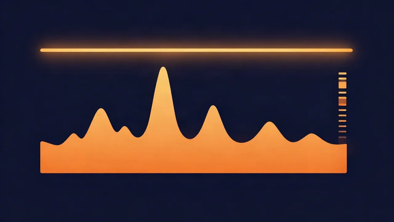 Flat illustration of a mix waveform peaking well below a glowing 0 dBFS ceiling line, leaving a clear gap of headroom reserved for audio mastering, on a deep navy background