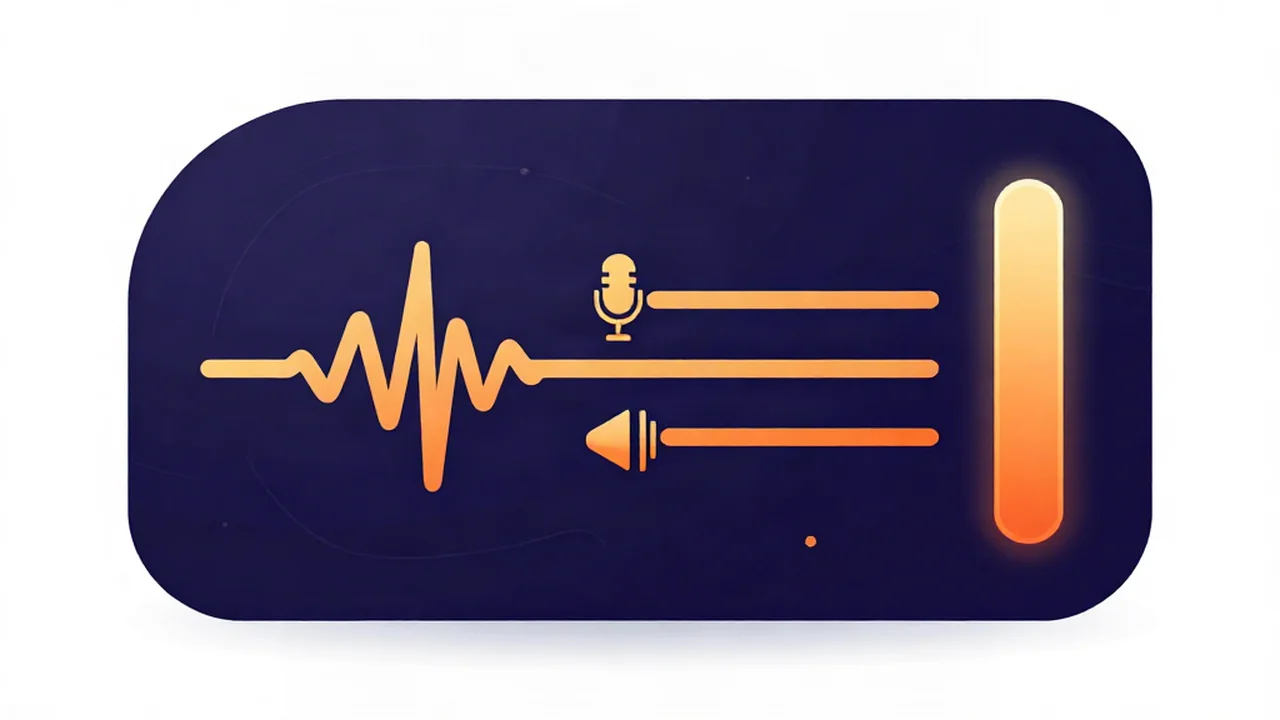 Flat vector illustration of a music track splitting into vocal, drum, and bass stems, with a signal-quality meter showing separation quality