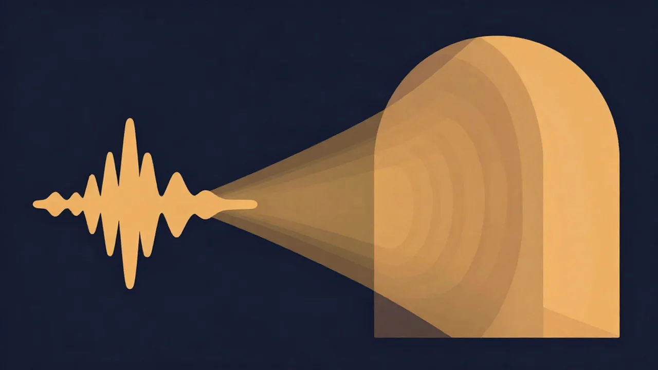 Illustration of how to add reverb to audio: a sound waveform spreading into an arched hall as layered reflections