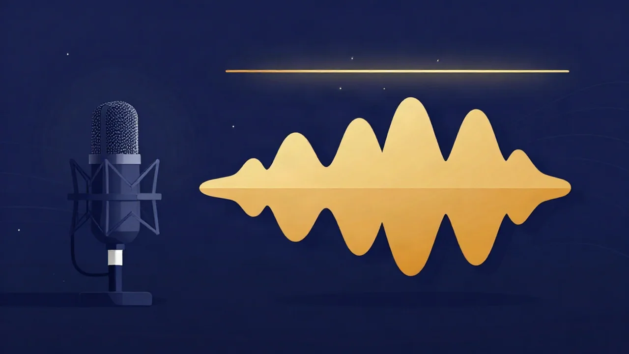 Studio microphone beside a rounded amber waveform peaking safely below a glowing ceiling line, showing how to avoid clipping on an audio recorder