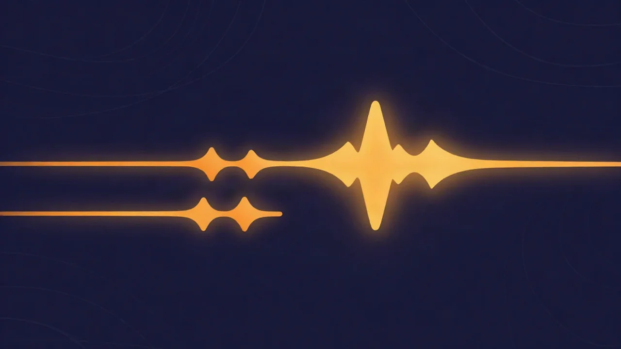 Illustration of a stereo to mono converter merging two glowing left and right channel waveforms into one mono waveform