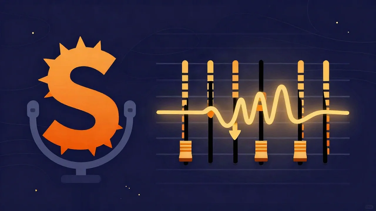Flat illustration of a spiky letter S from a microphone tamed by an audio equalizer fader cut, showing how to de-ess vocals