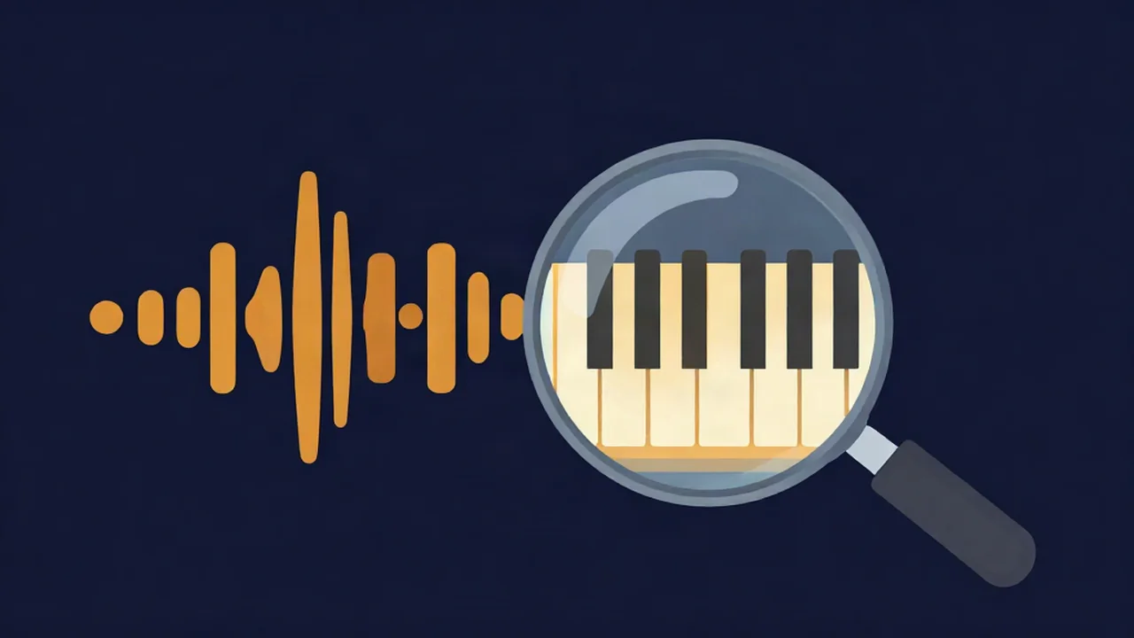 Flat vector illustration of an amber audio waveform flowing into a magnifying lens over piano keys, showing how a key finder reads the key of a song