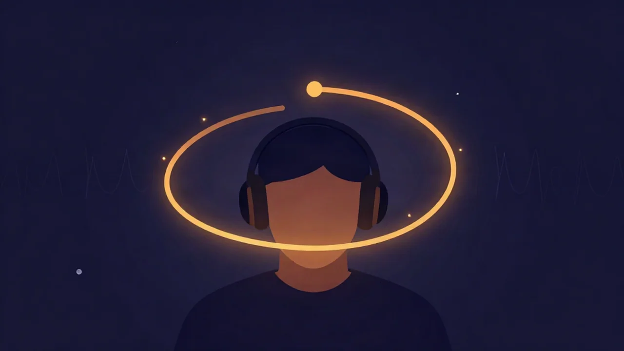 Listener in headphones with a glowing amber path circling their head, showing the 8D audio swirl effect