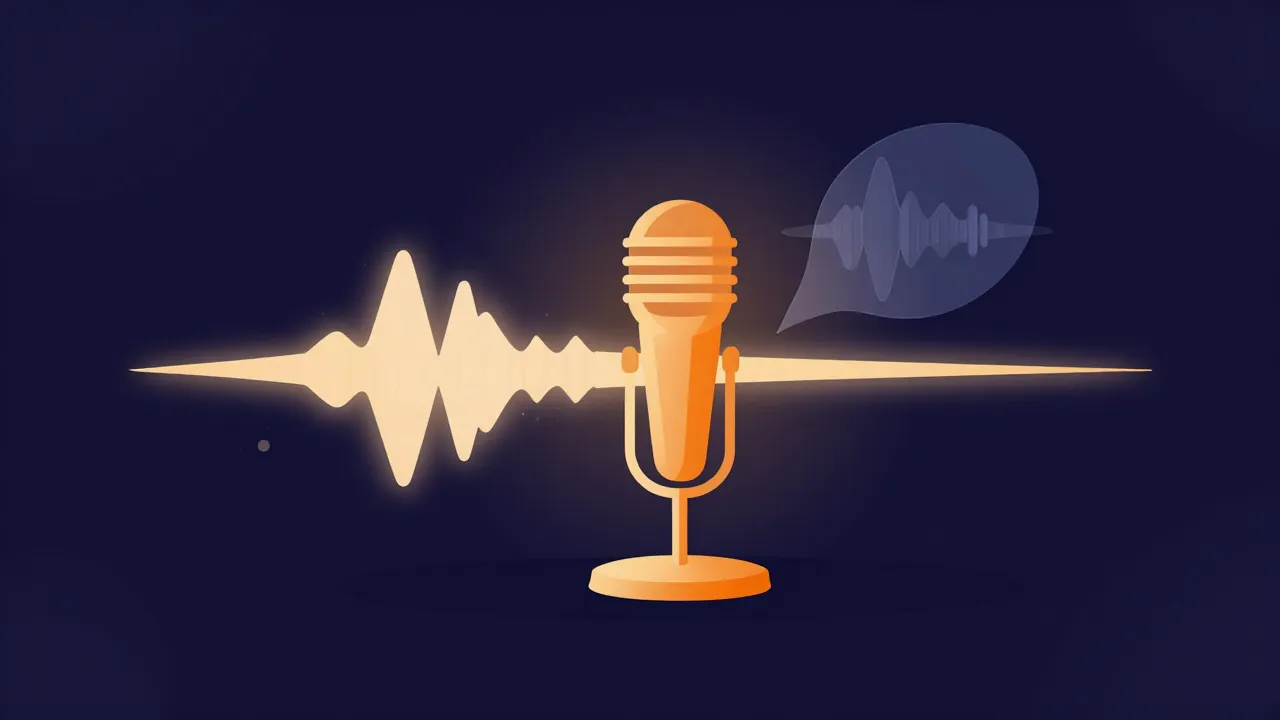 Flat illustration of a microphone in front of a glowing instrumental waveform, with the separated vocal layer floating beside it as a dimmed, faded shape
