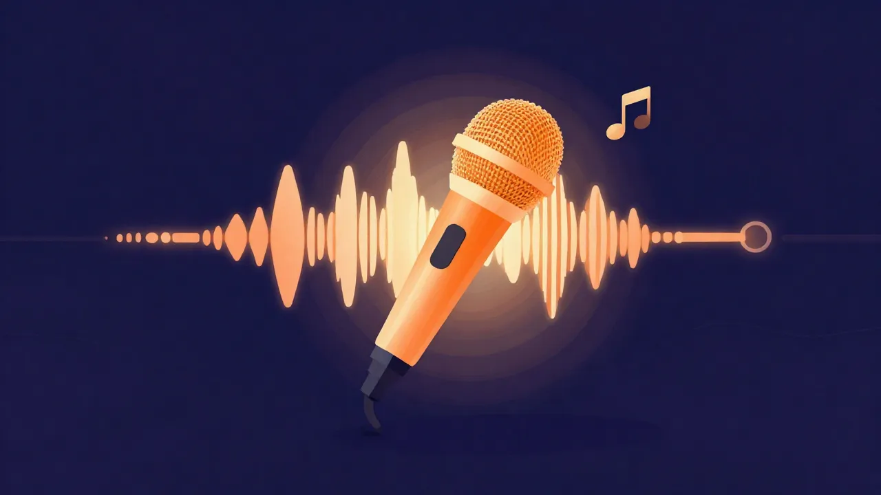 Flat illustration of a microphone in front of a glowing waveform with a dimmed vocal layer being lowered, representing a karaoke mix