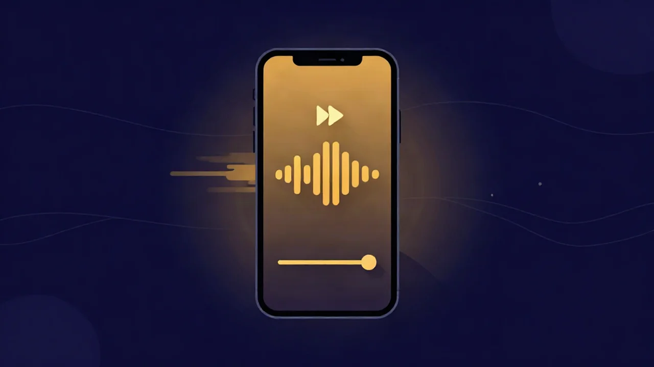 A phone showing an audio waveform with a fast-forward icon and a tempo slider pushed right, illustrating how to make a sped up song for TikTok.