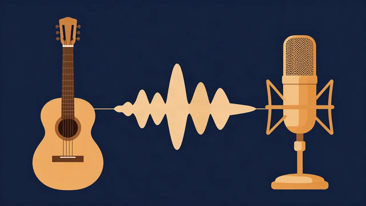 Audio mastering for acoustic and spoken word: an acoustic guitar and a podcast microphone joined by a gentle waveform