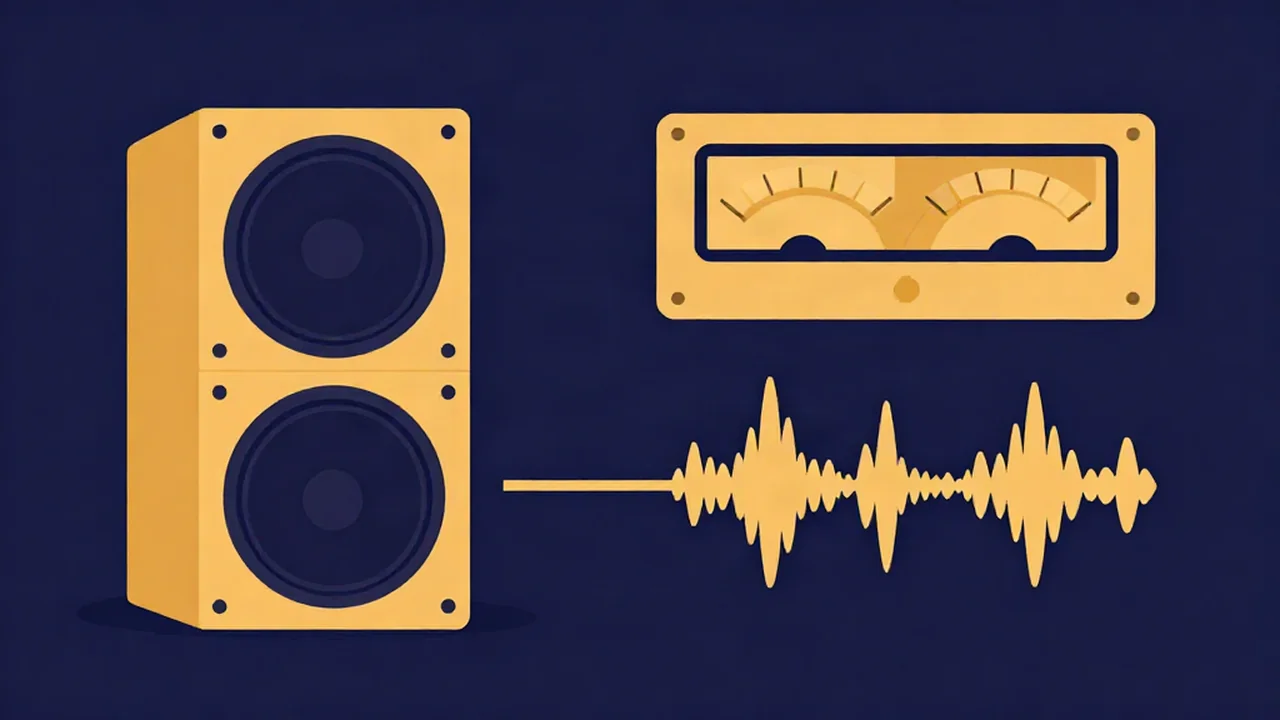 EDM audio mastering illustration: club speaker stack, VU meters and a pumping sidechain waveform