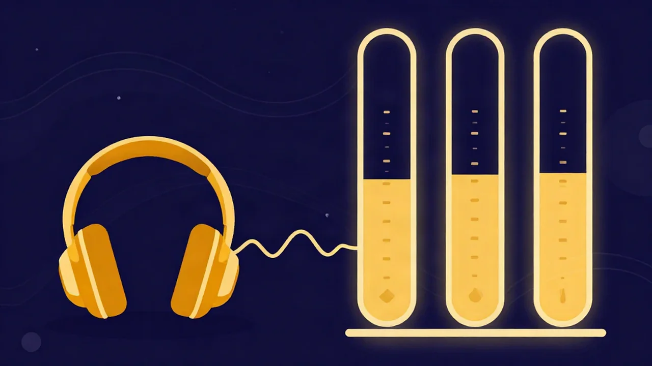 Illustration of how to master for Amazon Music: headphones feeding three level meters matched at a moderate level, with headroom left above, as a volume normalizer sets it