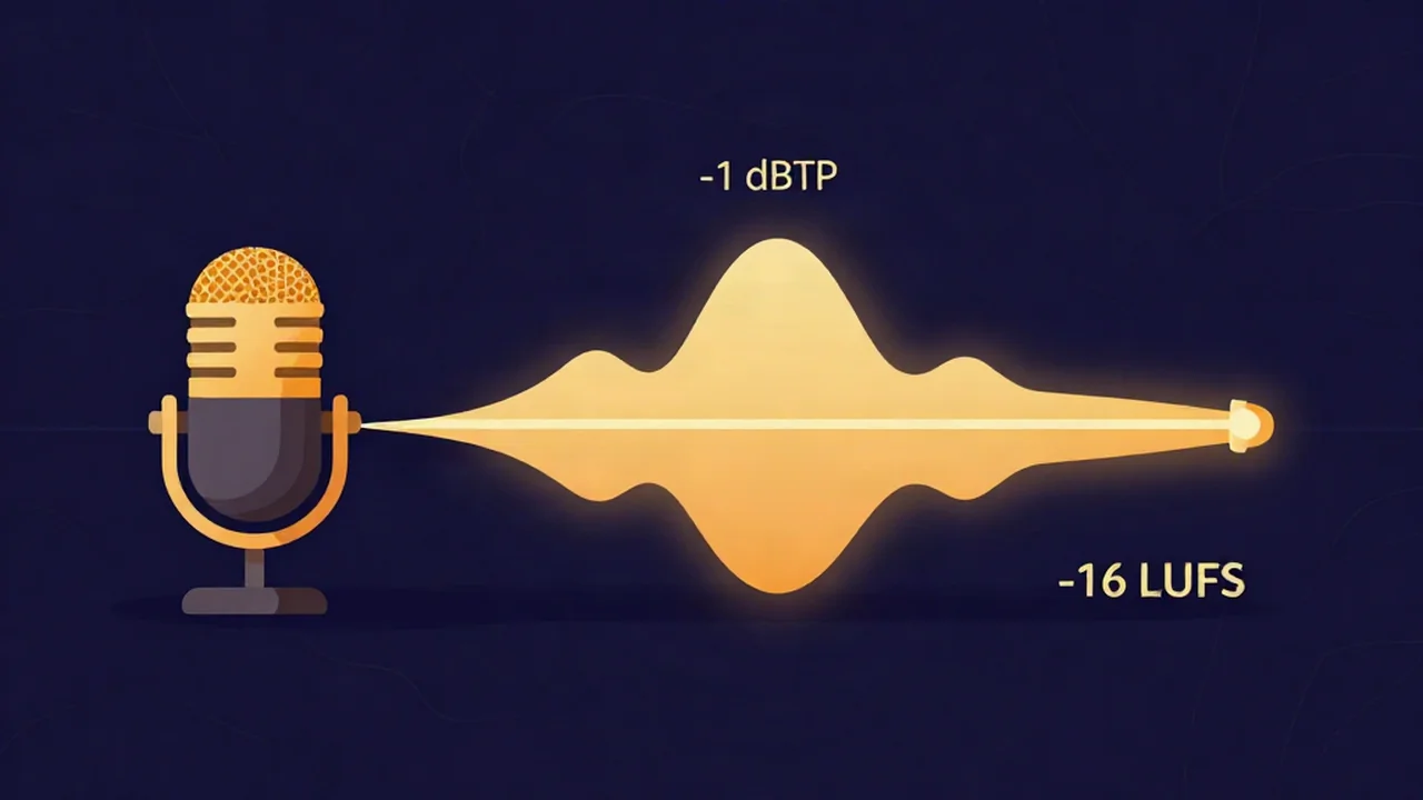 Flat illustration of how to master a podcast, showing a -16 LUFS integrated loudness meter and a -1 dBTP true-peak ceiling for spoken word