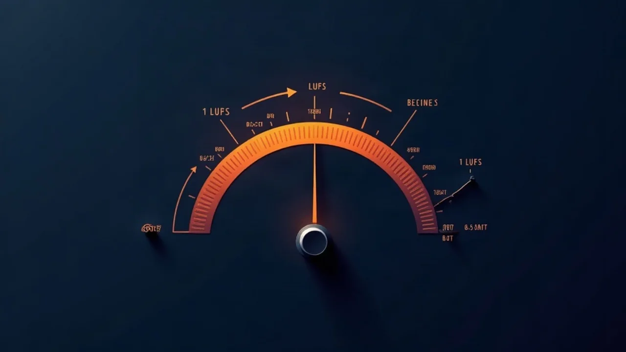Flat illustration of how to master for SoundCloud, showing a -14 LUFS loudness meter and a -1 dBTP true-peak ceiling before upload