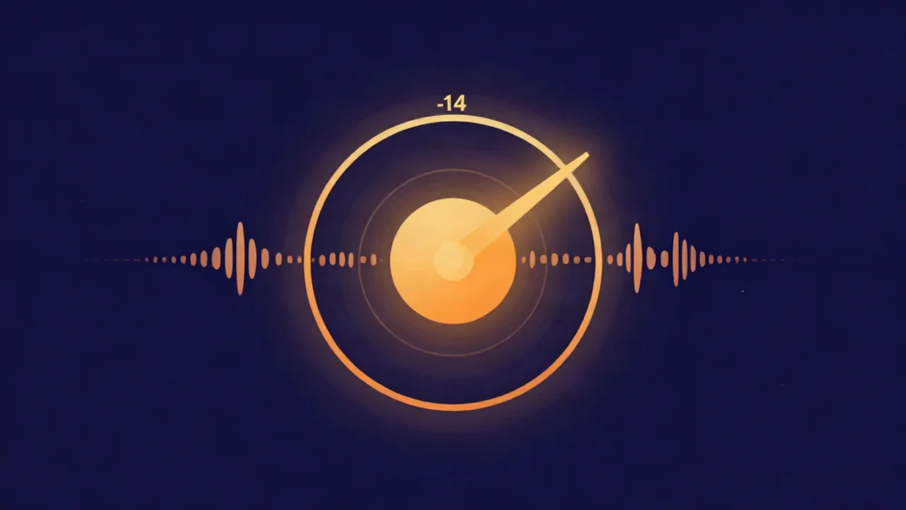 Flat illustration of how to master for Spotify, showing a -14 LUFS loudness meter and a -1 dBTP true-peak ceiling before upload