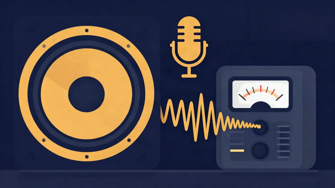 Hip-hop and trap audio mastering illustration: 808 speaker cone, a vocal mic and a loudness meter taming deep bass waves