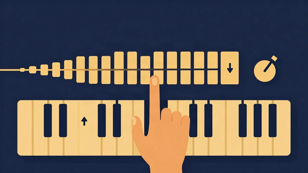 Sample waveform lined up above a piano keyboard with pitch arrows, showing a pitch changer shifting a loop into key with a beat