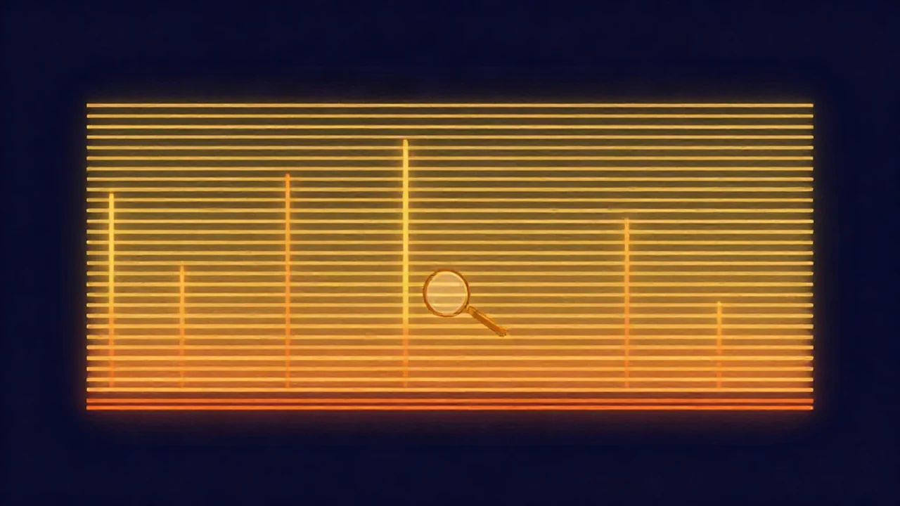 Flat illustration of how to read a spectrogram: an amber frequency heatmap on deep navy with stacked harmonic lines, vertical drum-hit streaks, a steady hum line along the bottom and a magnifying glass