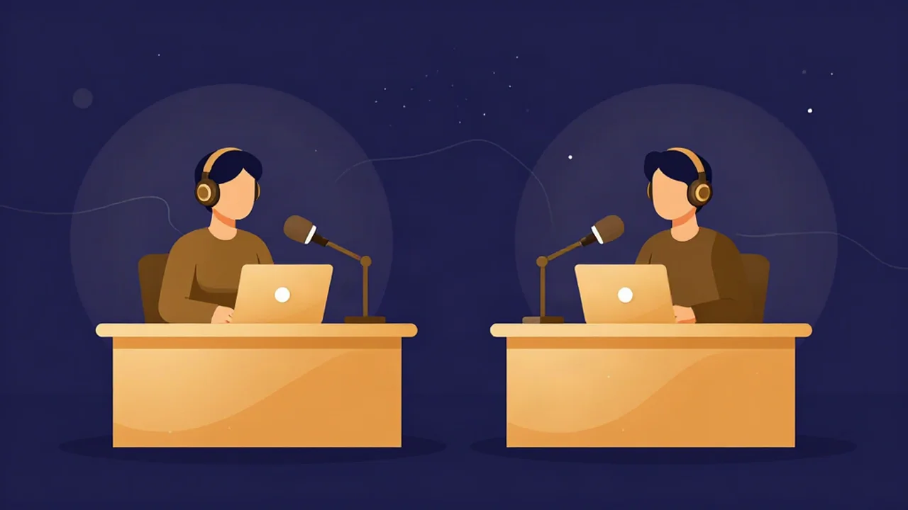 Flat vector illustration of a podcast host recording with headphones and a microphone into a browser audio recorder