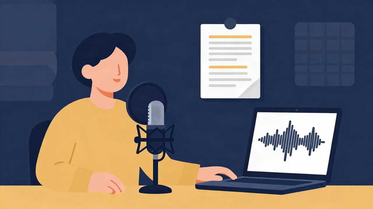 Illustration of a narrator recording a voiceover into a pop-filtered microphone with an online voice recorder showing the waveform on a laptop