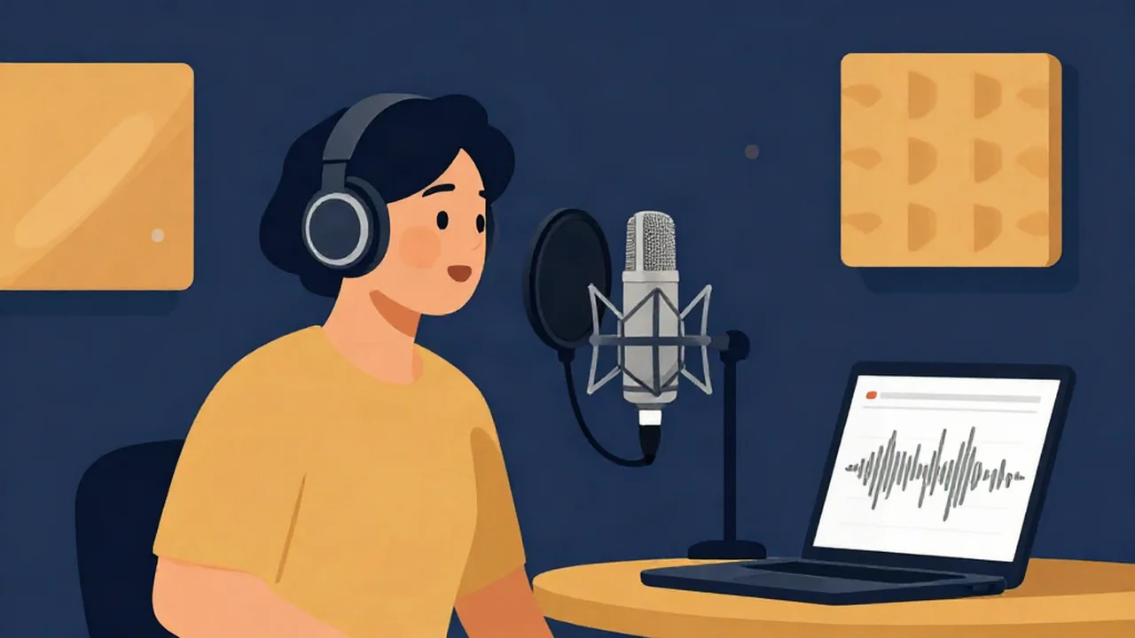 Singer in closed-back headphones recording a sung vocal at home into a pop-filtered microphone, with an audio recorder showing the waveform on a laptop