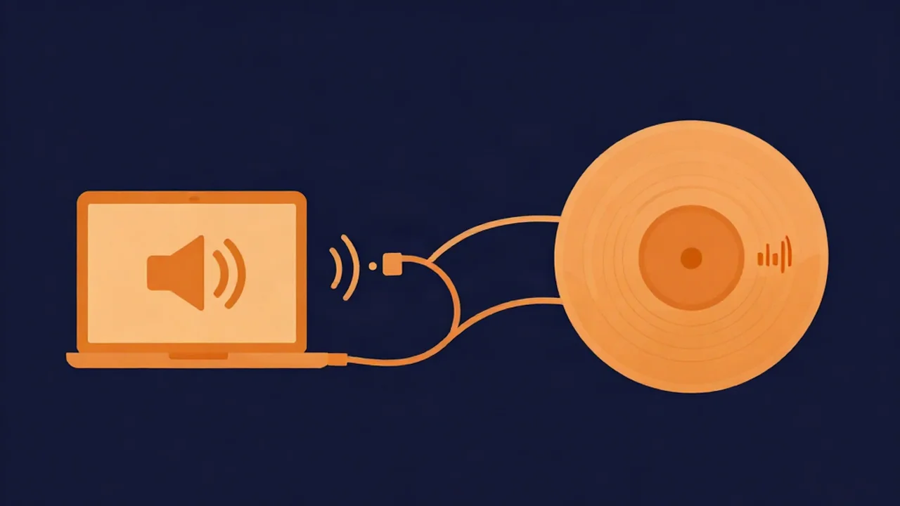 A laptop playing sound, connected by a looping cable to a recording disc, showing system audio routed into a browser audio recorder