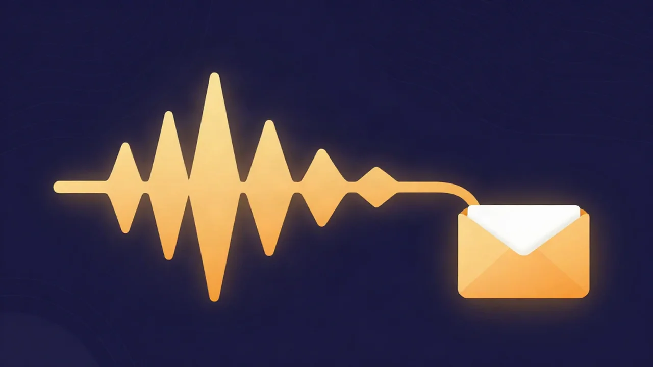 A large audio waveform shrinking to fit inside an email envelope, illustrating compressing audio to email it