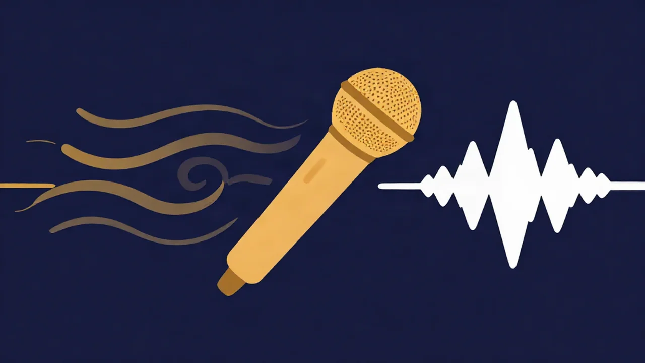 Flat illustration of wind gusts blowing into a microphone and a clean waveform coming out, showing how to reduce wind noise in recordings