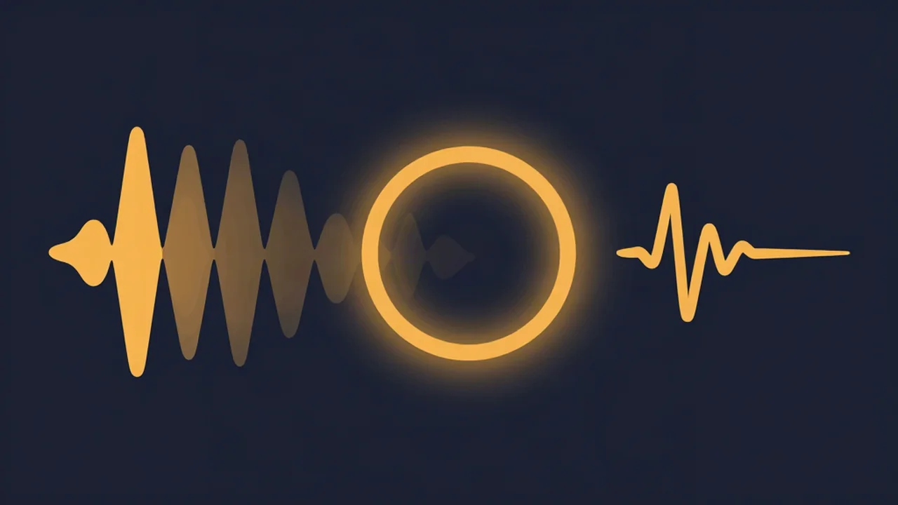 How to remove echo and reverb from audio: an amber waveform trailed by fading echo copies passes through a glowing amber ring and leaves as one clean waveform