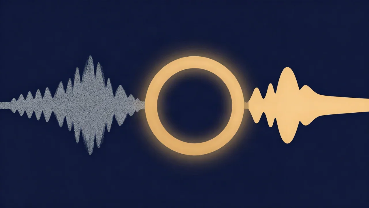 How to remove hiss from audio: a grainy grey waveform passes through a glowing amber filter ring and comes out as a smooth, clean amber waveform