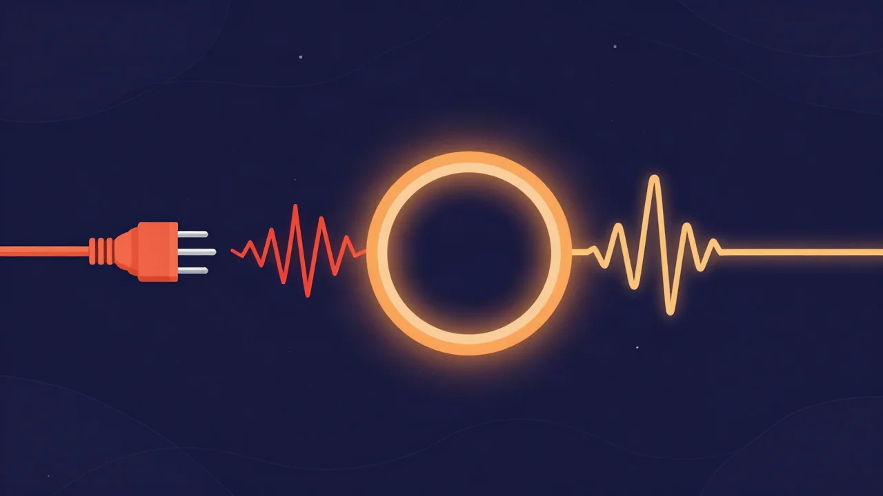 How to remove hum from audio: a buzzing red signal from a power plug passes through an amber filter ring and comes out as a clean golden waveform