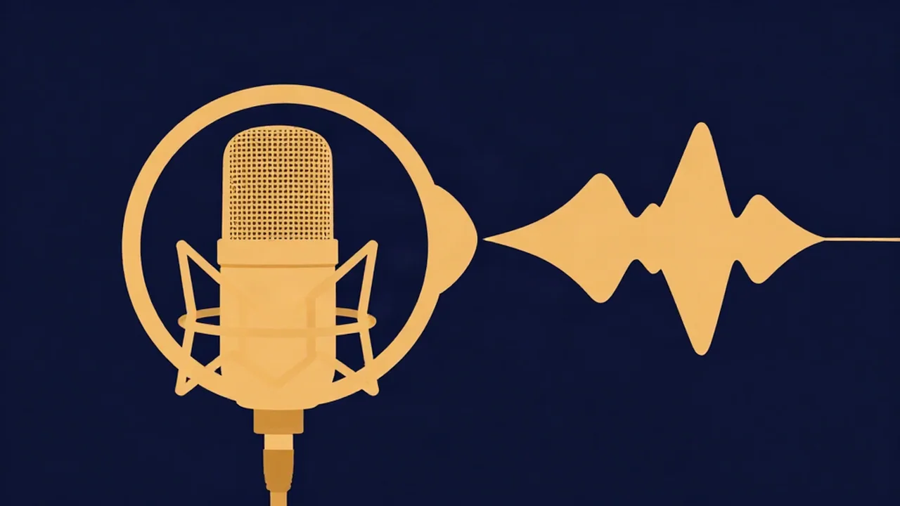 Flat illustration of a studio microphone behind a round pop filter beside a clean waveform, showing how to remove plosives and pops
