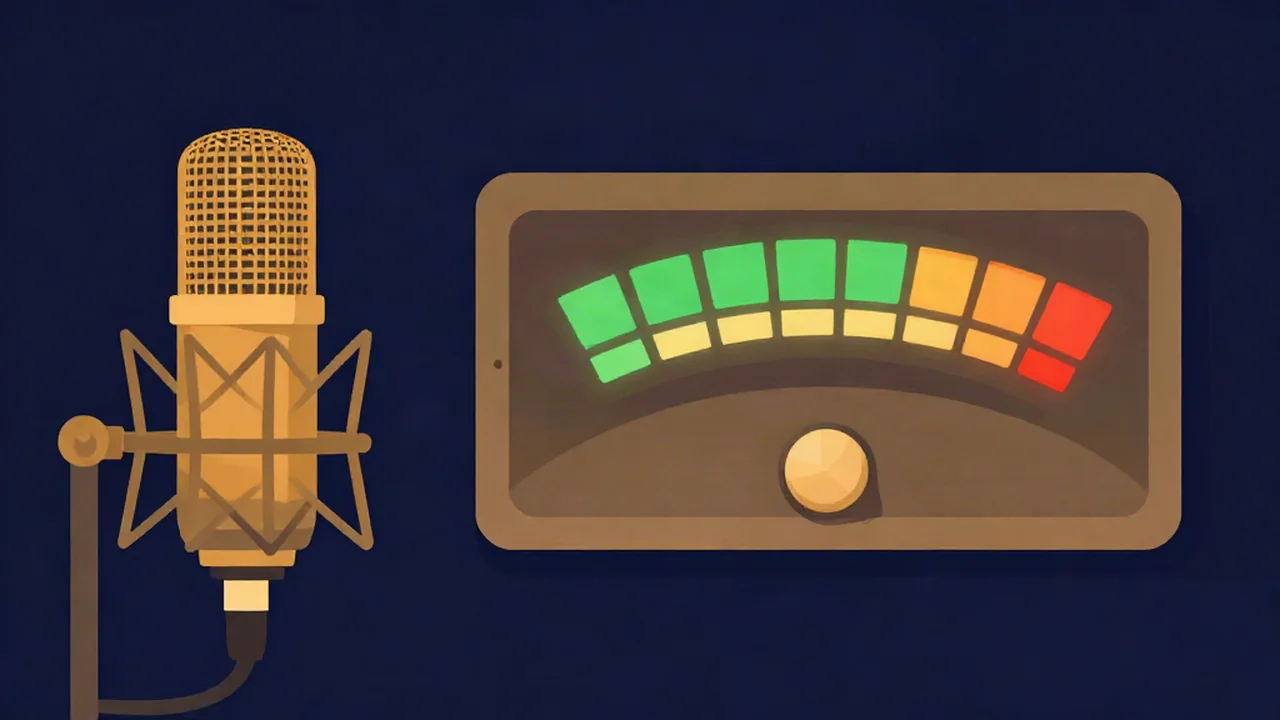 Studio microphone beside an input level meter with a gain knob, illustrating how to set recording levels on an audio recorder