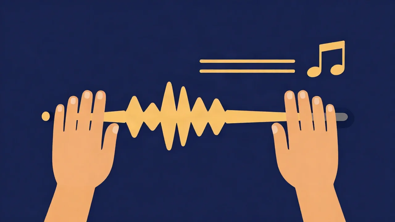 Hands stretching an amber audio waveform wider while a level pitch line stays flat, showing how to slow down a song without changing pitch