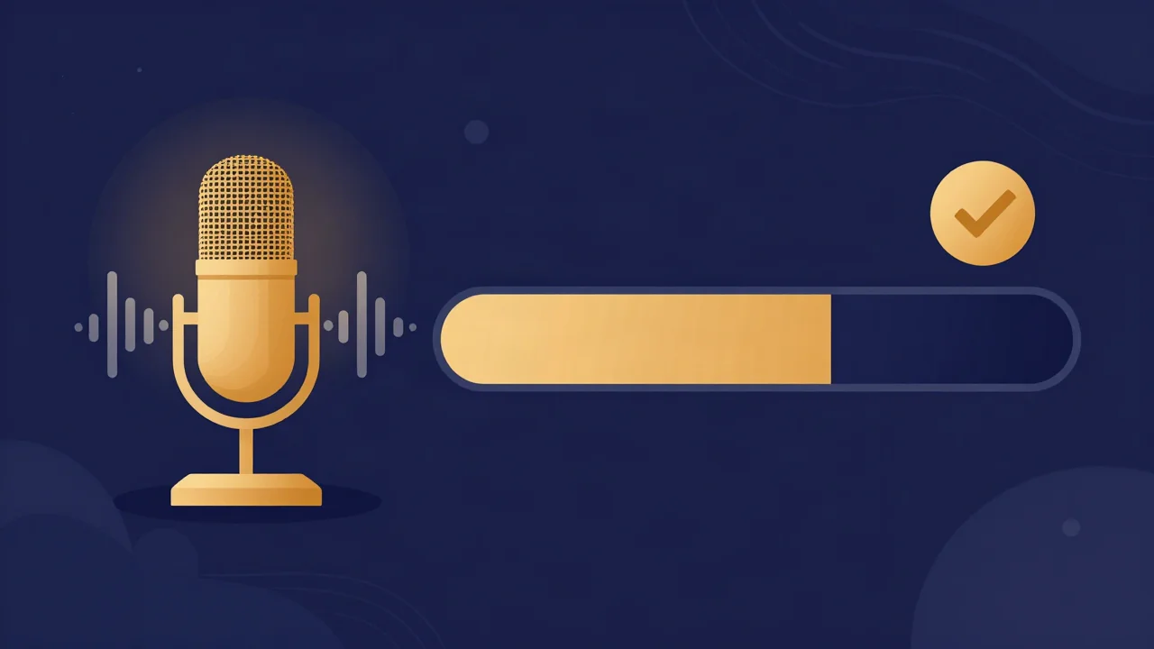 Microphone beside a partly filled input level meter and a checkmark, illustrating how to test your microphone online