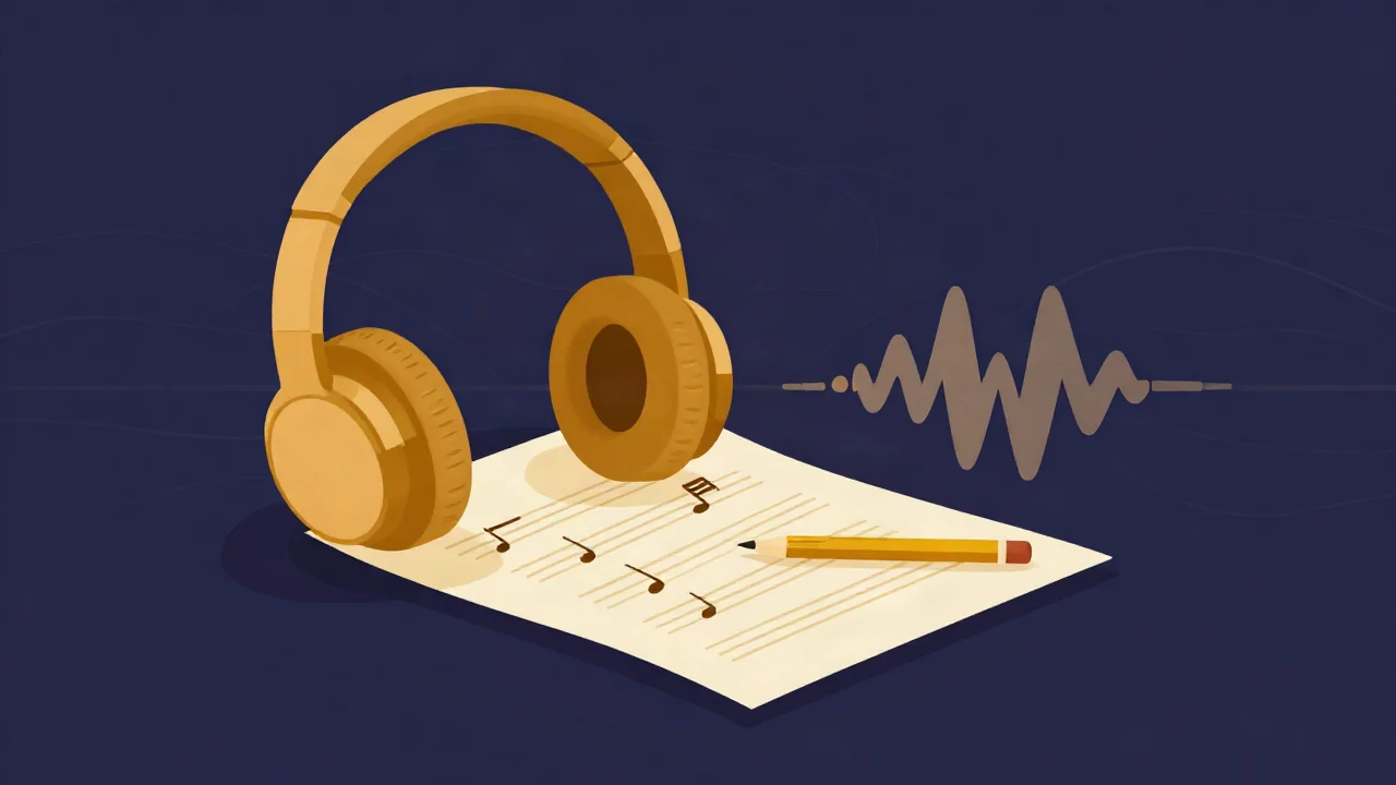 Headphones beside a sheet of handwritten notes, illustrating how to transcribe music by ear