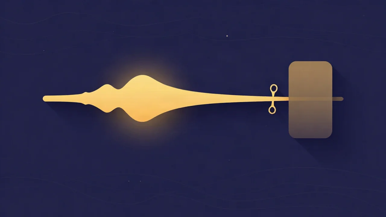 Flat illustration of an amber audio waveform being trimmed by scissors beside a phone-shaped social video clip, on a deep navy background