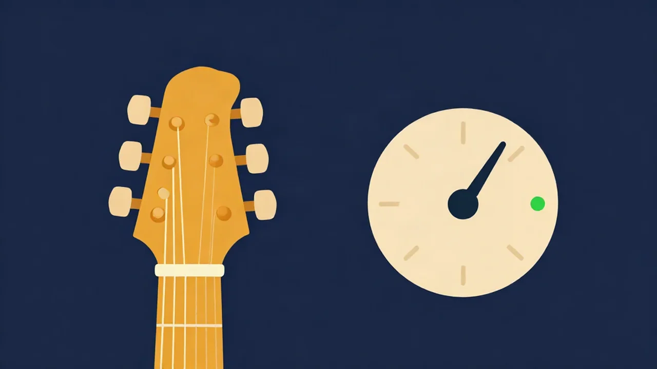 Guitar headstock with six tuning pegs beside a round tuner dial, illustrating half step down tuning with a web guitar tuner