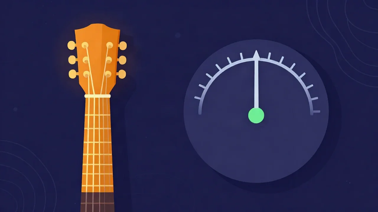Guitar headstock beside a tuner dial with its needle centred on green, illustrating drop D tuning with an online guitar tuner