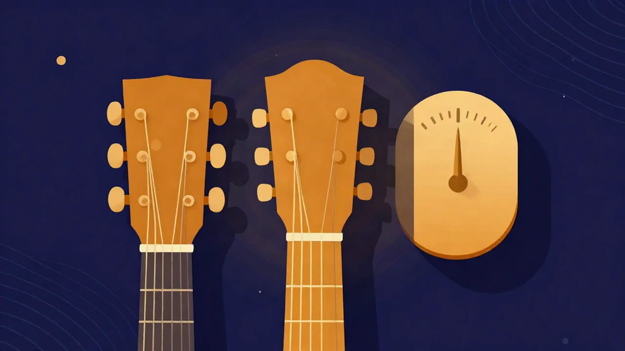 Guitar headstocks beside a tuner gauge with its needle centred, illustrating how to tune a guitar with an online tuner