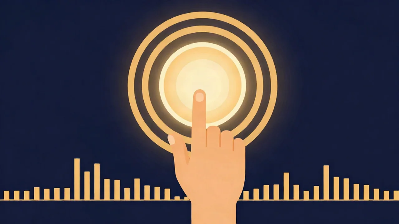 A finger tapping a glowing button in time with a beat, illustrating a tap tempo BPM finder