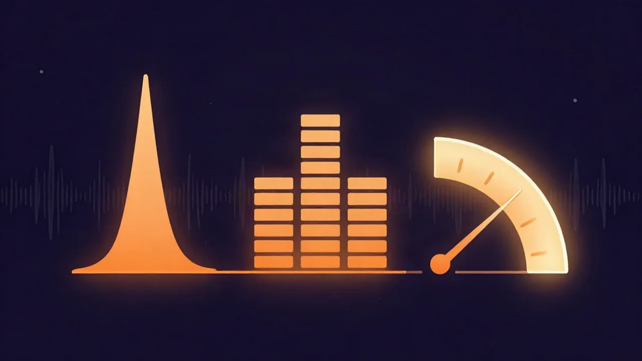 Flat illustration comparing three audio meters — an instant peak level, an averaged energy bar, and a perceptual loudness arc — on a deep navy background