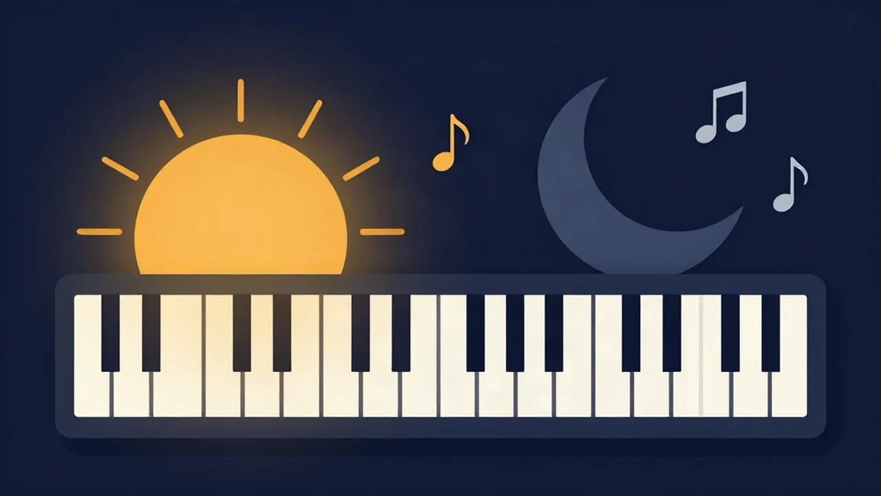 Key finder concept art for major vs minor key: a piano keyboard under a bright amber sun for major and a dim blue moon for minor
