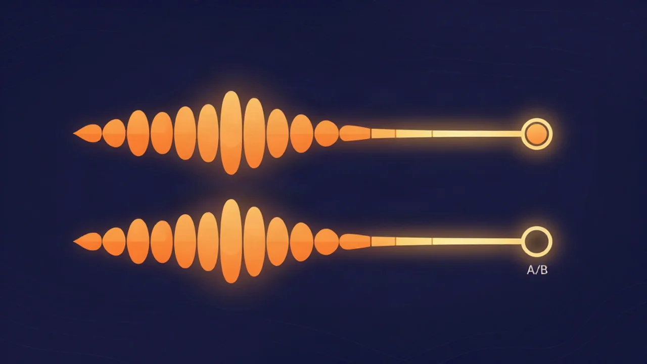 Illustration of audio mastering with a reference track: two waveforms level-matched side by side with a loudness meter