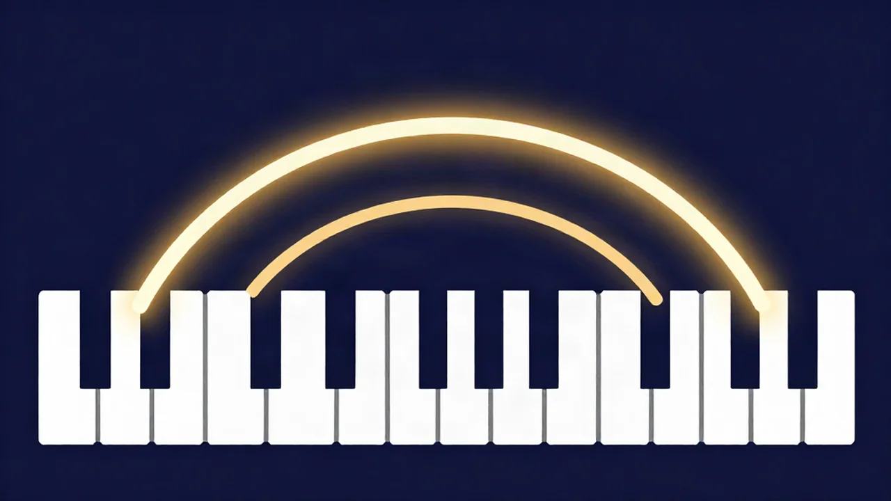 Flat vector piano keyboard with two amber arcs spanning shared keys on a navy background, a key finder guide to relative major and minor keys
