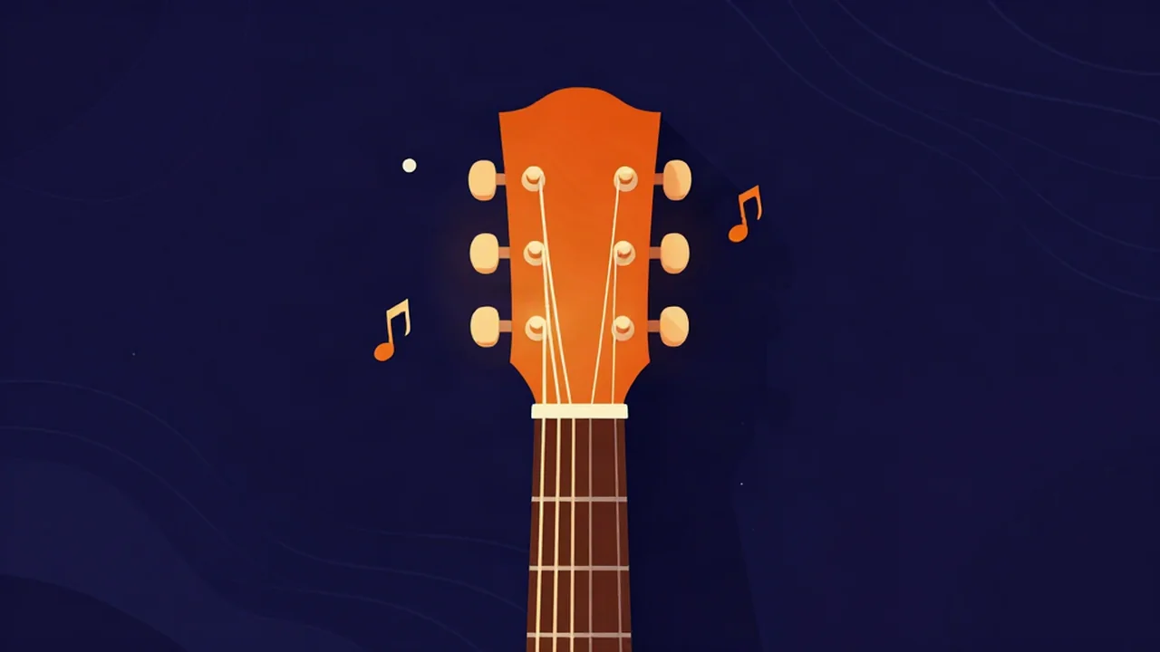Flat illustration of a six-string guitar headstock with glowing amber strings, illustrating standard guitar tuning EADGBE