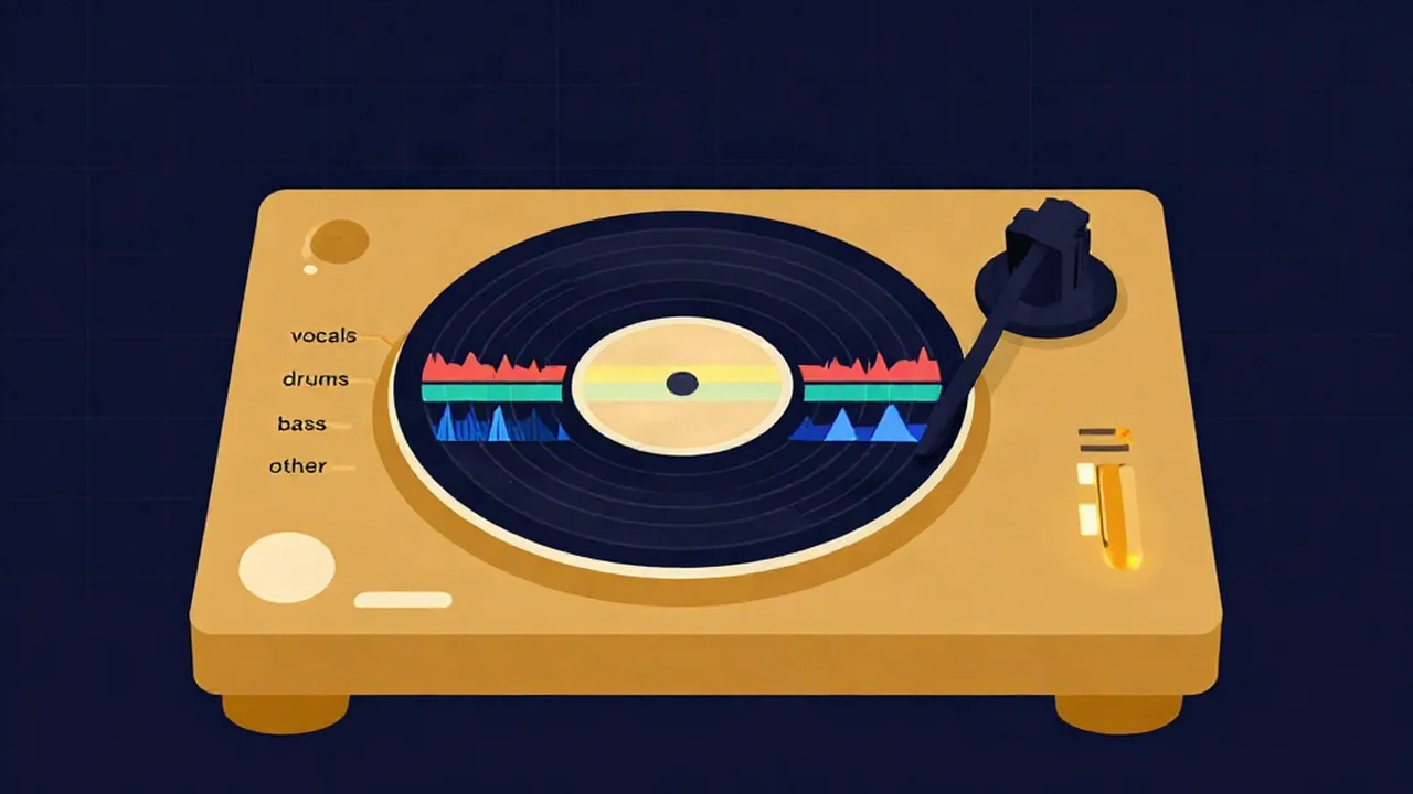 AI stem splitter interface showing separated vocals, drums, bass, and other stems ready for a DJ set